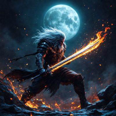 Primary subject: A man holding a sword.

Setting/background: A dark, fire-filled environment.

Visual style: Digital art.

Colors and mood: The image is dark and dramatic, with the man holding the sword being the main focus.